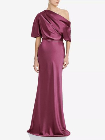 バーガンディーマザードレス ワンショルダー 半袖 マーメイド プリーツ マキシレングス ウェディング ゲストドレス