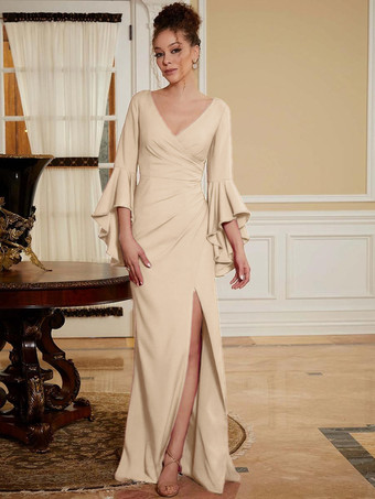 ゴールド パーティードレス 花嫁の母用 Vネック ベルスリーブ スプリットフロント マキシレングス Aライン 結婚式のゲストドレス