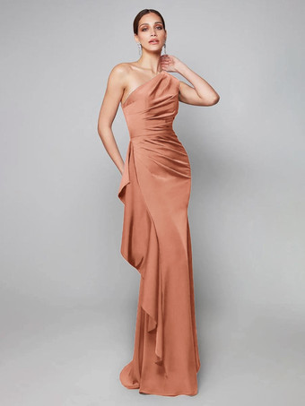CoralMother Dress One-Shoulder Pleated Sweep Asymmetrical Mermaid Guest Dresses For Wedding