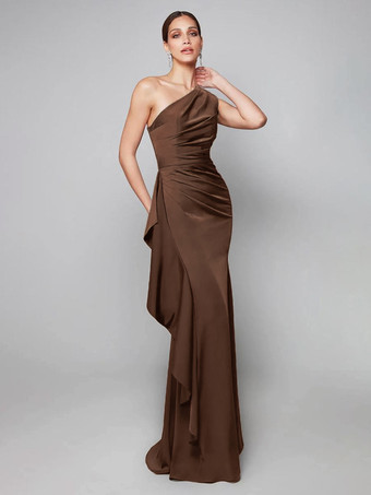 チョコレート マザードレス ワンショルダー プリーツ スイープ 非対称 マーメイド ゲストドレス 結婚式用