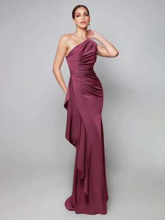 BurgundyMother Dress One-Shoulder Pleated Sweep Asymmetrical Mermaid Guest Dresses For Wedding