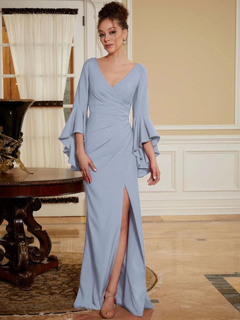 スレートグレー パーティードレス 花嫁の母用 Vネック ベルスリーブ スプリットフロント マキシレングス Aライン 結婚式のゲストドレス