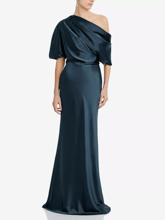 ブルーグリーンマザードレス ワンショルダー 半袖 マーメイド プリーツ マキシレングス ウェディング ゲストドレス