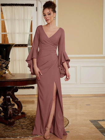 サーモンピンクパーティードレス 花嫁の母用 Vネック ベルスリーブ スプリットフロント マキシレングス Aライン 結婚式のゲストドレス