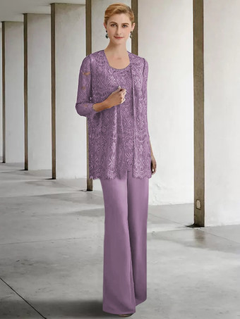 ラベンダーブライダルマザードレス ジュエルネック 3/4丈スリーブ Aライン ゲストドレス 結婚式用