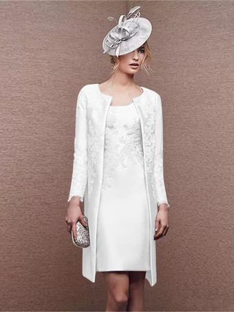 ホワイトブライダルマザードレス ジュエルネック ロングスリーブ Aライン レース ショート ウェディングゲストドレス
