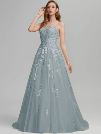 スレートグレー プロムドレス Aライン スクエアネック レース ノースリーブ レース ウェディングゲストドレス