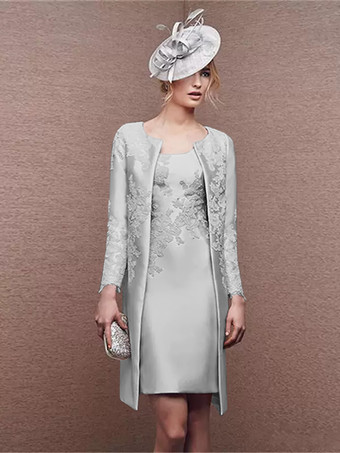 シルバーブライダルマザードレス ジュエルネック ロングスリーブ Aライン レース ショート ウェディングゲストドレス
