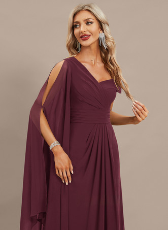 バーガンディーイブニングドレス Aライン ワンショルダー フロアレングス 半袖 ジッパー プリーツ シフォン フォーマル ディナードレス