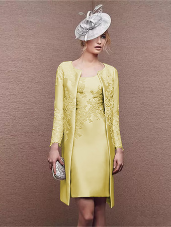 スイセン色ブライダルマザードレス ジュエルネック ロングスリーブ Aライン レース ショート ウェディングゲストドレス