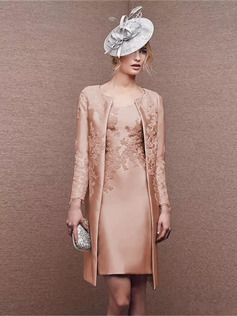 サーモンピンクブライダルマザードレス ジュエルネック ロングスリーブ Aライン レース ショート ウェディングゲストドレス