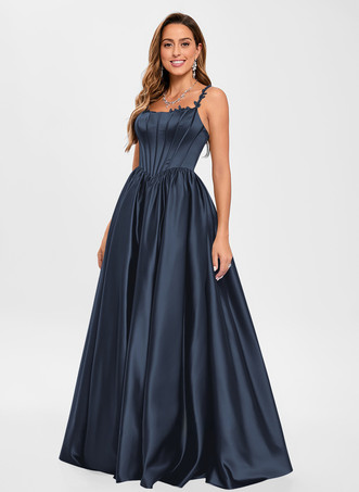 Bleu MarineRobe de bal en tissu satiné col carré ligne a sans manches robes de soirée appliquées