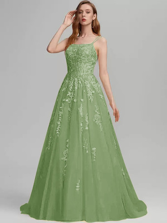 セージグリーンプロムドレス Aライン スクエアネック レース ノースリーブ レース ウェディングゲストドレス