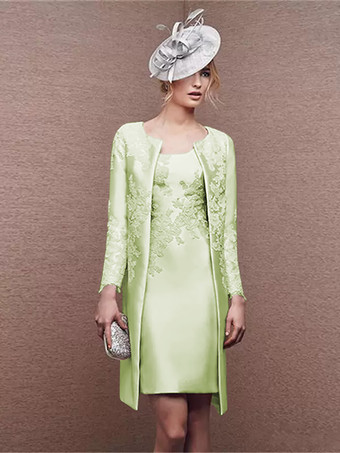 パステルグリーンブライダルマザードレス ジュエルネック ロングスリーブ Aライン レース ショート ウェディングゲストドレス