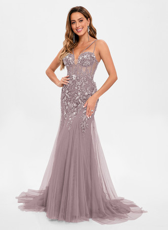 ライラック プロムドレス チュール ストラップレス マーメイド ノースリーブ スパンコール パーティードレス