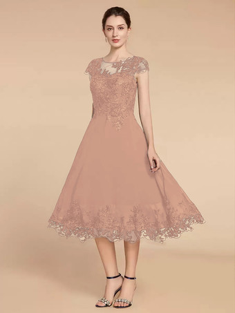 サーモンピンク花嫁の母親のためのパーティードレス ジュエルネック キャップスリーブ レース Aライン ティーレングス ウェディングゲストドレス