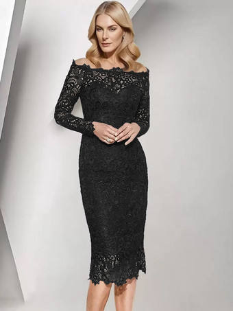 ブラック花嫁の母親のためのパーティードレス バトーネック 長袖 ショート レース ウェディングゲストドレス