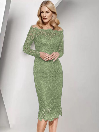 セージグリーン花嫁の母親のためのパーティードレス バトーネック 長袖 ショート レース ウェディングゲストドレス