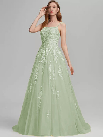 パステルグリーンプロムドレス Aライン スクエアネック レース ノースリーブ レース ウェディングゲストドレス