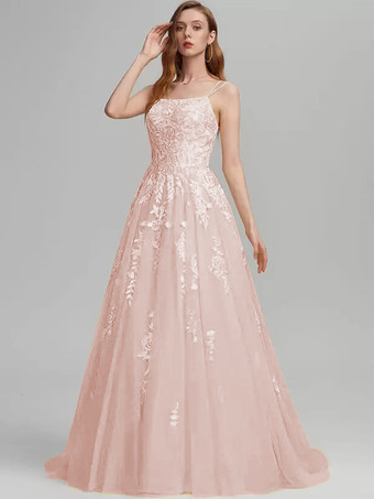 ソフトピンクプロムドレス Aライン スクエアネック レース ノースリーブ レース ウェディングゲストドレス