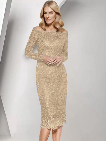 シャンパン花嫁の母親のためのパーティードレス バトーネック 長袖 ショート レース ウェディングゲストドレス