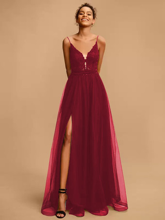 バーガンディープロムドレス Vネック Aライン ノースリーブ スパンコール パーティードレス