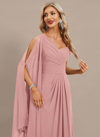 ピンクイブニングドレス Aライン ワンショルダー フロアレングス 半袖 ジッパー プリーツ シフォン フォーマル ディナードレス