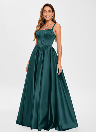 Vert foncéRobe de bal en tissu satiné col carré ligne a sans manches robes de soirée appliquées