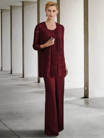 バーガンディーブライダルマザードレス ジュエルネック 3/4丈スリーブ Aライン ゲストドレス 結婚式用