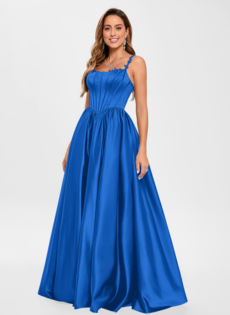 Bleu ÉclatantRobe de bal en tissu satiné col carré ligne a sans manches robes de soirée appliquées