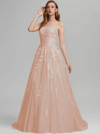 サーモンピンクプロムドレス Aライン スクエアネック レース ノースリーブ レース ウェディングゲストドレス