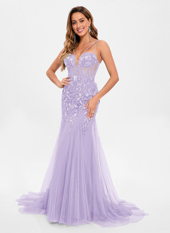ライラックプロムドレス チュール ストラップレス マーメイド ノースリーブ スパンコール パーティードレス