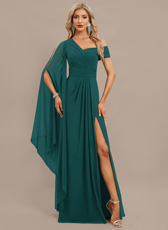 ダークグリーンイブニングドレス Aライン ワンショルダー フロアレングス 半袖 ジッパー プリーツ シフォン フォーマル ディナードレス