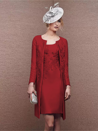 バーガンディーブライダルマザードレス ジュエルネック ロングスリーブ Aライン レース ショート ウェディングゲストドレス