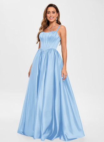 Bleu Ciel ClairRobe de bal en tissu satiné col carré ligne a sans manches robes de soirée appliquées