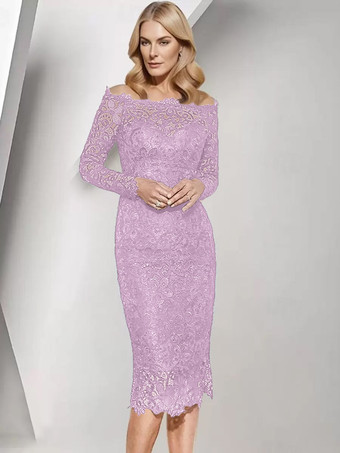 ラベンダー花嫁の母親のためのパーティードレス バトーネック 長袖 ショート レース ウェディングゲストドレス