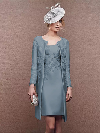 スレートグレー ブライダルマザードレス ジュエルネック ロングスリーブ Aライン レース ショート ウェディングゲストドレス