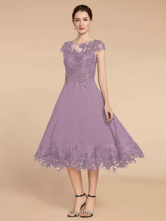 ラベンダー花嫁の母親のためのパーティードレス ジュエルネック キャップスリーブ レース Aライン ティーレングス ウェディングゲストドレス