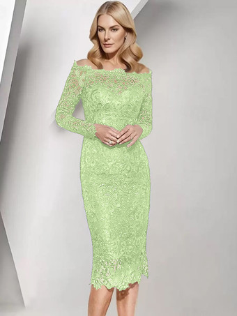 パステルグリーン花嫁の母親のためのパーティードレス バトーネック 長袖 ショート レース ウェディングゲストドレス