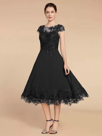 ブラック花嫁の母親のためのパーティードレス ジュエルネック キャップスリーブ レース Aライン ティーレングス ウェディングゲストドレス