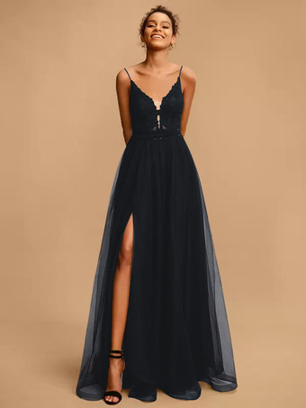 ダークネイビープロムドレス Vネック Aライン ノースリーブ スパンコール パーティードレス