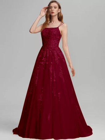 バーガンディープロムドレス Aライン スクエアネック レース ノースリーブ レース ウェディングゲストドレス