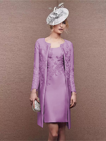 ラベンダーブライダルマザードレス ジュエルネック ロングスリーブ Aライン レース ショート ウェディングゲストドレス