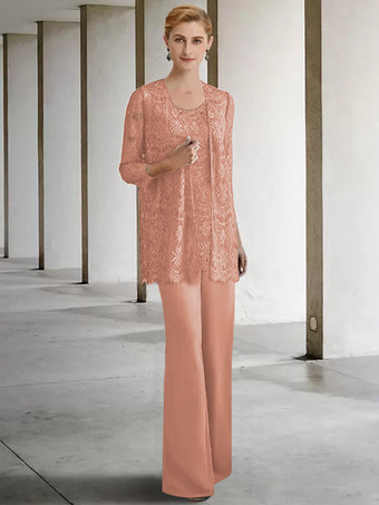 サーモンピンクブライダルマザードレス ジュエルネック 3/4丈スリーブ Aライン ゲストドレス 結婚式用