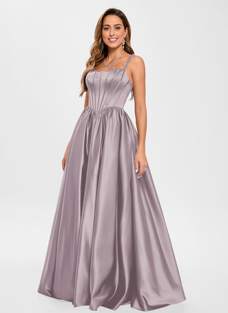 Fuchsia RoseRobe de bal en tissu satiné col carré ligne a sans manches robes de soirée appliquées