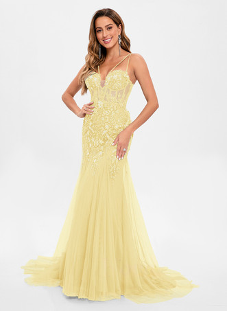 スイセン色プロムドレス チュール ストラップレス マーメイド ノースリーブ スパンコール パーティードレス