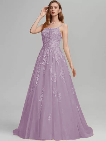 ラベンダープロムドレス Aライン スクエアネック レース ノースリーブ レース ウェディングゲストドレス