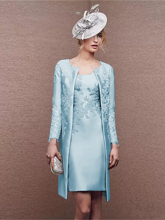 ベビーブルーブライダルマザードレス ジュエルネック ロングスリーブ Aライン レース ショート ウェディングゲストドレス