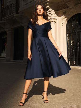 ダークネイビーブライダルマザードレス Vネック ノースリーブ プリーツ Aライン ゲストドレス 結婚式用