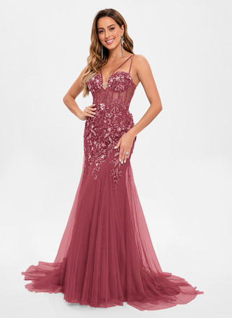 バーガンディープロムドレス チュール ストラップレス マーメイド ノースリーブ スパンコール パーティードレス